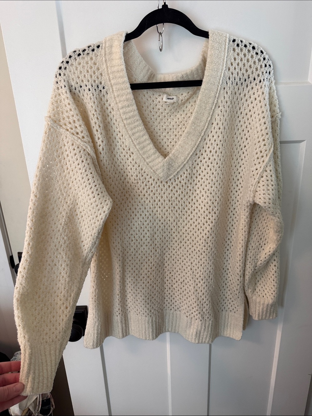 aerie Cream V-Neck Open-Knit Sweater